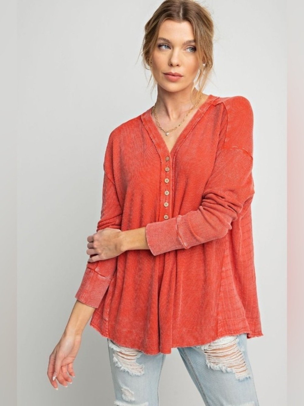 Easel LA Thermal Washed Henley Too Oversized Medium